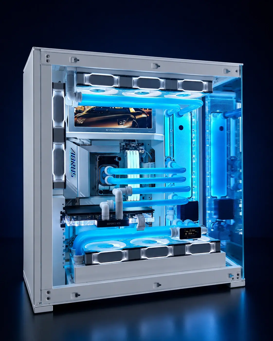 White SpectrumPC.uk custom-loop PC with blue coolant, radiators and carefully routed hard-line tubing
