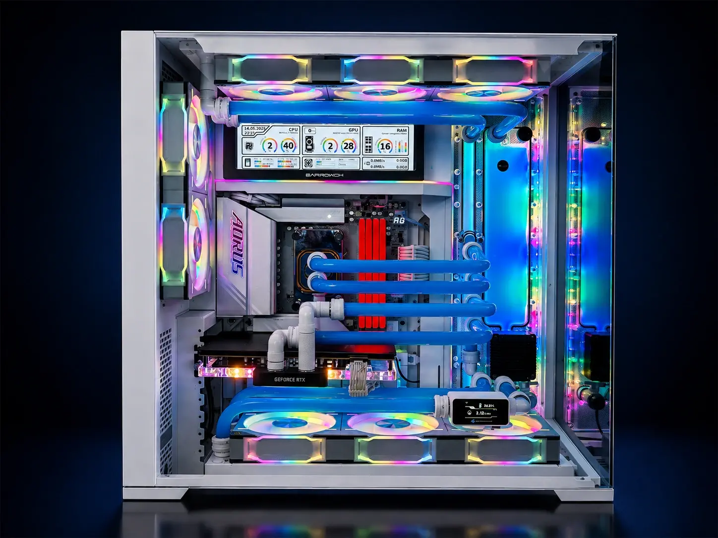 RGB-lit custom-loop PC showing core components and hard-line tubing