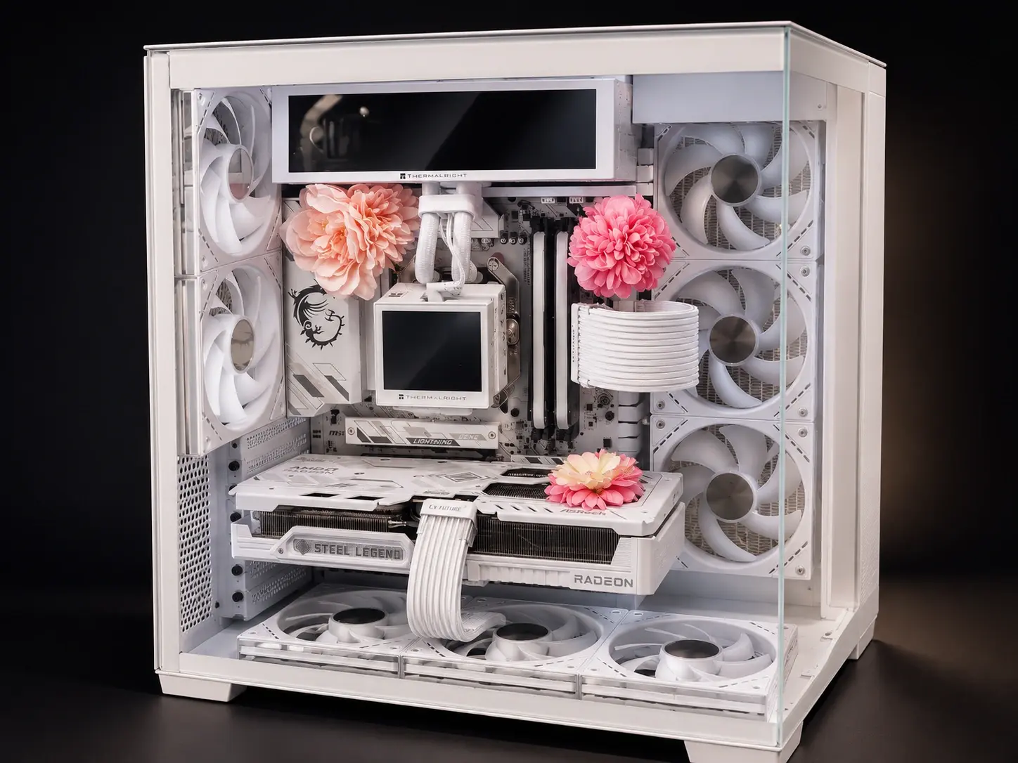 White floral PC with AIO cooling, coordinated cabling and fans