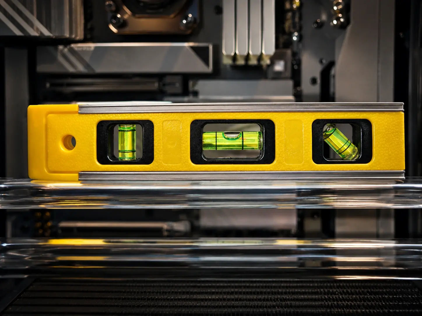 Spirit level positioned across a PC build during an alignment check