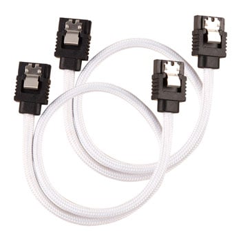 Corsair 30cm CORSAIR Premium Sleeved SATA Cable, SATA 6Gbps, Straight Connectors, White, Mesh Paracord Sleeve, Locking Latches