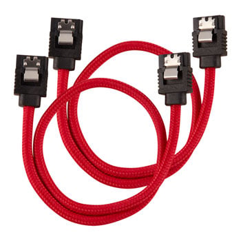 Corsair 30cm CORSAIR Premium Sleeved SATA Cable, SATA 6Gbps, Straight Connectors, Red, Mesh Paracord Sleeve, Locking Latches