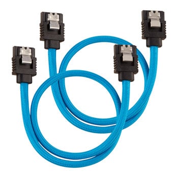 Corsair 30cm CORSAIR Premium Sleeved SATA Cable, SATA 6Gbps, Straight Connectors, Blue, Mesh Paracord Sleeve, Locking Latches
