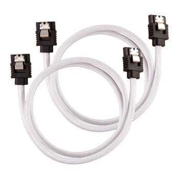 Corsair 60cm CORSAIR Premium Sleeved SATA Cable, SATA 6Gbps, Straight Connectors, White, Mesh Paracord Sleeve, Locking Latches