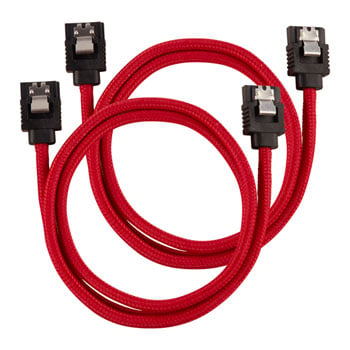 Corsair 60cm CORSAIR Premium Sleeved SATA Cable, SATA 6Gbps, Straight Connectors, Red, Mesh Paracord Sleeve, Locking Latches