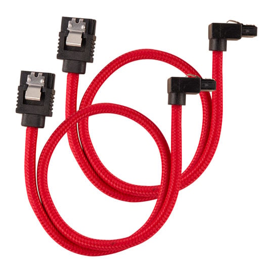 Corsair 30cm CORSAIR Premium Sleeved SATA Cable, SATA 6Gbps, 90° Connector, Red, Mesh Paracord Sleeve, Locking Latches
