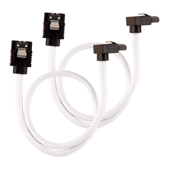 Corsair 30cm CORSAIR Premium Sleeved SATA Cable, SATA 6Gbps, 90° Connector, White, Mesh Paracord Sleeve, Locking Latches