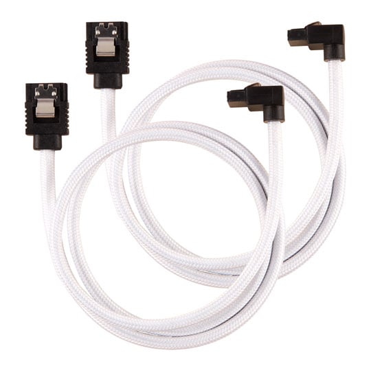 Corsair 60cm CORSAIR Premium Sleeved SATA Cable, SATA 6Gbps, 90° Connector, White, Mesh Paracord Sleeve, Locking Latches