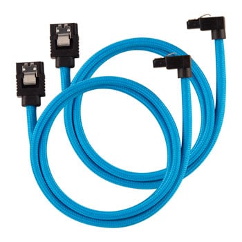 Corsair 60cm CORSAIR Premium Sleeved SATA Cable, SATA 6Gbps, 90° Connector, Blue, Mesh Paracord Sleeve, Locking Latches