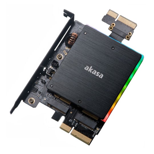 Akasa AK-PCCM2P-04 Dual M.2 to PCIe Adapter, RGB, 2x M.2 PCIe NVMe M Slots, 2x PCIe Gen3 x4 Connectors, 2230/42/60/80