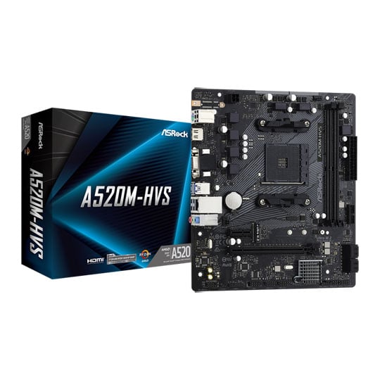 ASRock A520M HVS, AMD A520, s AM4, DDR4, SATA3, M.2, Realtek GbE, USB 3.2 Gen1, MicroATX