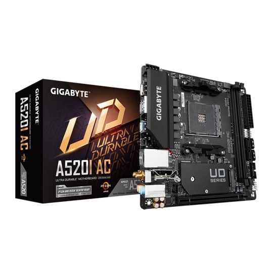 Gigabyte A520I AC, AMD A520, AM4, DDR4, PCIe 3.0, M.2, Realtek GbE, BT4.2/WiFi-AC, USB 3.2 Gen 1, Mini-ITX