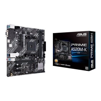 ASUS PRIME A520M-K, AMD A520, AM4, DDR4, PCIe 3.0, 1x M.2, USB 3.2 Gen 1, Realtek RTL8111H GbE LAN, mATX