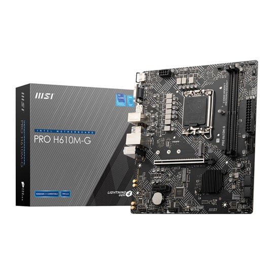 MSI PRO H610M-G, Intel H610, DDR5, SATA 6Gb/s, PCIe 4.0, M.2, Intel I219-V GbE, USB 3.2 Gen1, HDMI/DP/VGA, mATX
