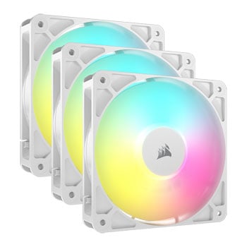 Corsair 120mm CORSAIR RS120 ARGB Fan, 2100RPM, 72.8 CFM, Daisy-Chain 4-Pin PWM, AirGuide Cooling, MD Bearing, White, Triple-Pack