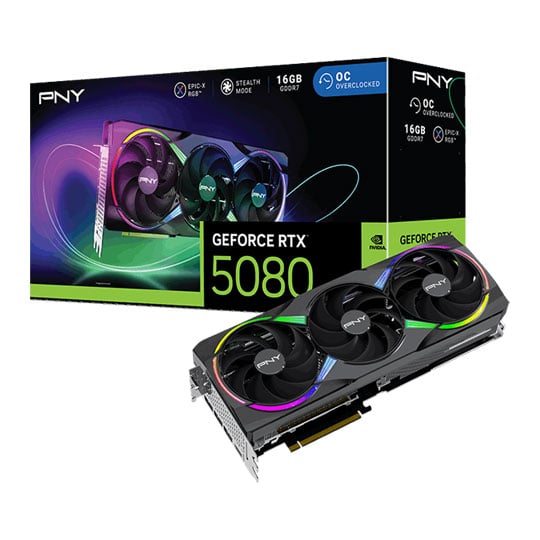 PNY NVIDIA GeForce RTX 5080 ARGB EPIC-X RGB OC 16GB GDDR7 Ray-Tracing Graphics Card, DLSS 4, 10752 Cores, 2775MHz Boost