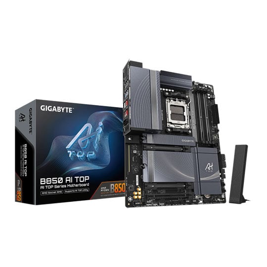 Gigabyte B850 AI TOP, AMD B850, S AM5, DDR5, PCIe 5.0, 3 x M.2, Dual 10GbE, WiFi7, USB 20Gbps, AMD EXPO, ATX