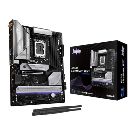 ASRock B860 LiveMixer WiFi, Intel B860, LGA1851, DDR5, PCIe 5.0, 3x M.2, 2.5GbE, Wi-Fi 6E, USB 3.2 Gen2, TB4, ATX