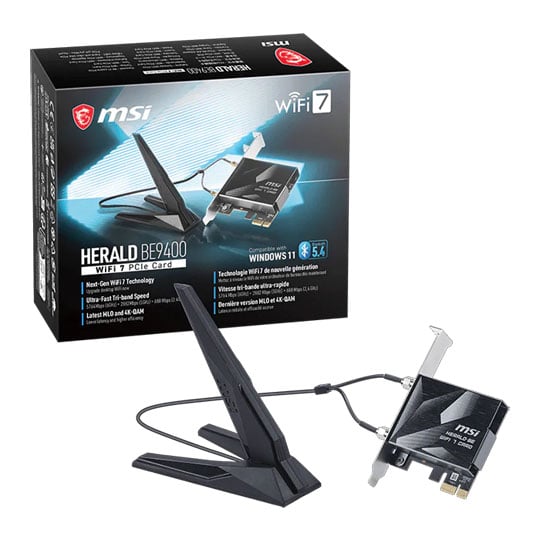 MSI HERALD BE9400 Network Expansion Card + Antenna, PCIe x1, WiFi 7, Tri Band (688 + 2882 + 5764) Mbps