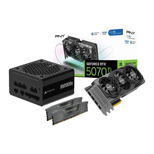 PNY NVIDIA GeForce RTX 5070 Ti OC 16GB + CORSAIR 32GB DDR5 + CORSAIR RM1000e, 8,960 Cores, 6000MHz, CAS 36, ATX 3.1