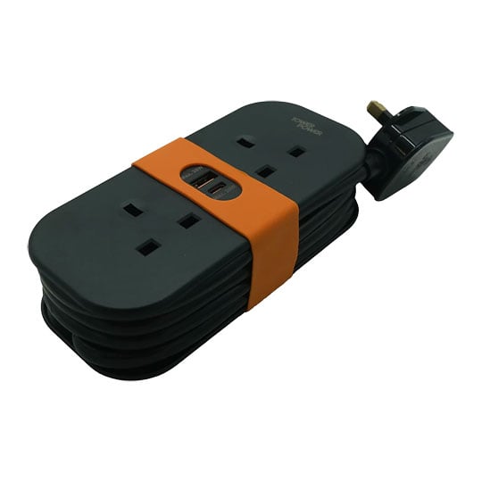 Vimark 1.4m Tower Portable Mains Extension Lead, Black, 2x UK Outlets, 2x USB Ports, Fast Charging, 3120W / 13A