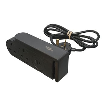 Tower Power 1.5m Tower Portable Mains Clip-On Extension Lead, Black, 2x UK Outlets, 2x USB Ports, Fast Charging, 3120W / 13A