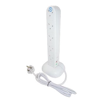 Tower Power 2m Tower Mains Extension Lead, White, 10x UK Outlets, Surge Protected, Freetstanding Mount, 3120W / 13A