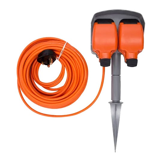 Tower Power 15m Tower Garden Spike Outdoor Extension Lead, Orange, 2x UK Outlets, IP54 Weatherproof, 3120W / 13A