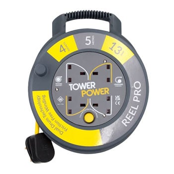 Tower Power 5m Tower Portable Mains Extension Reel, Grey / Yellow, 4x UK Outlets, Overheat Proof, 3120W / 13A