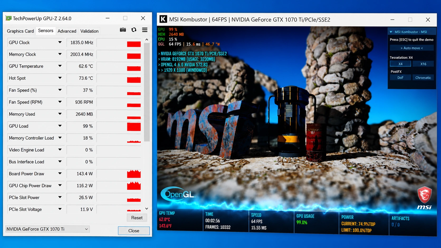 Historical MSI Kombustor and GPU-Z stability test showing a GTX 1070 Ti under sustained load
